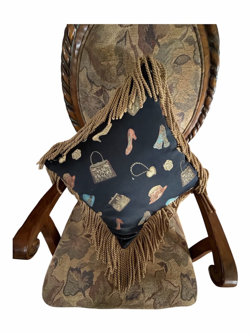 Vintage-Inspired Black Fringed Accent Pillow with Accessories Motif
